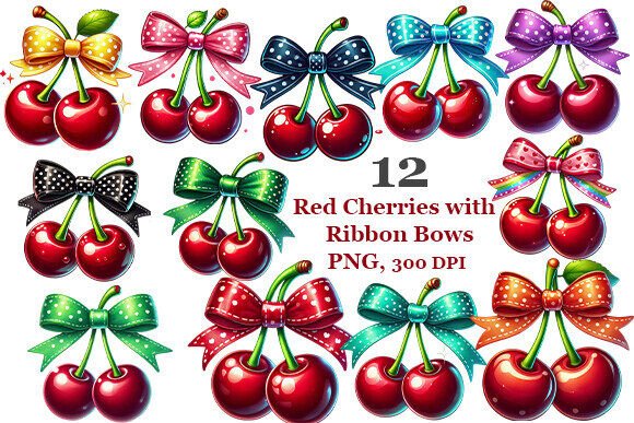 Download Red Cherries with Polka Dot Ribbon Bows. - Red cherries Collection