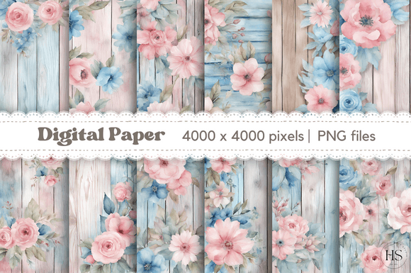 Download 12 Pink &amp; Blue Shabby Chic Floral Wood - Chic floral Collection